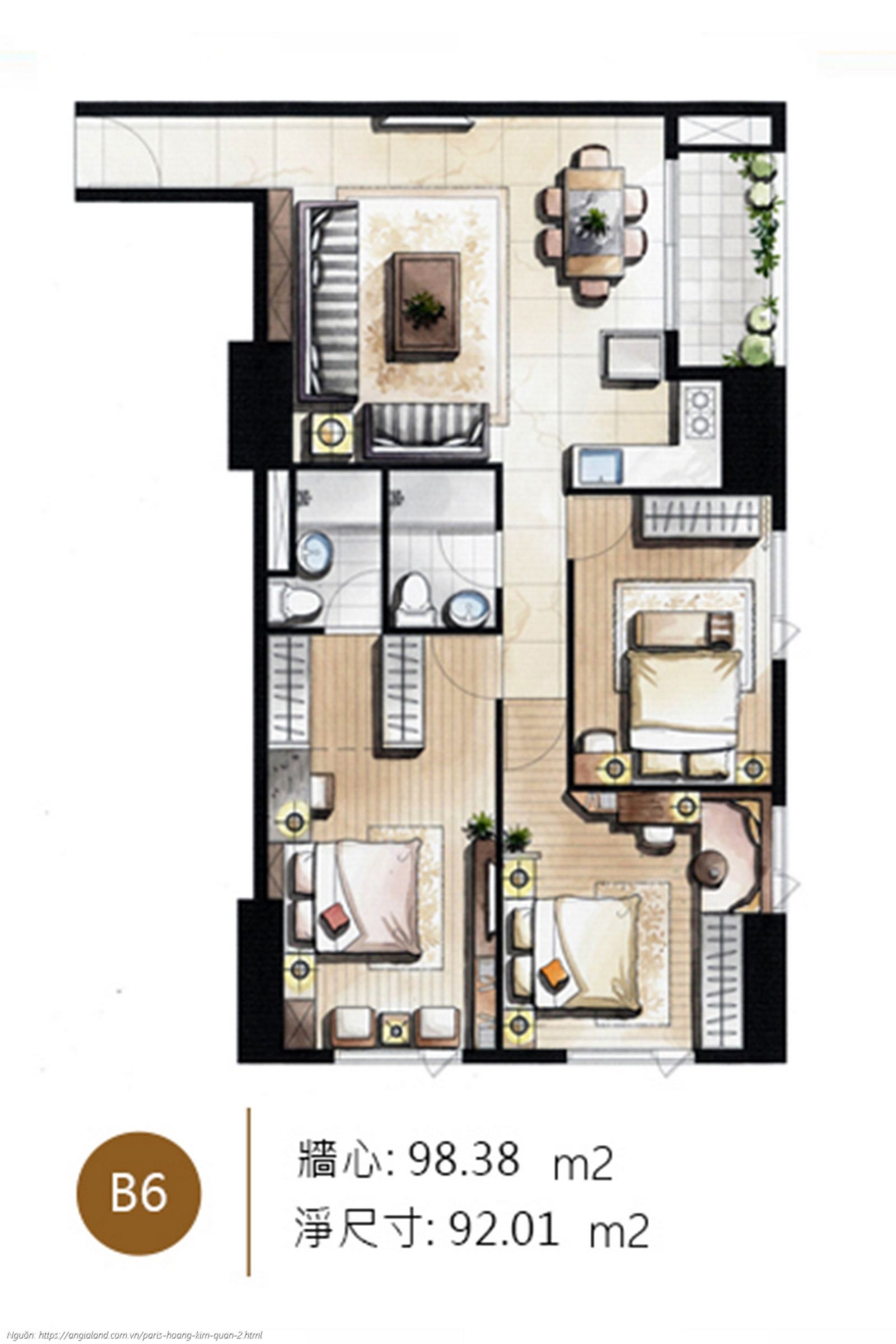 Thiết kế chi tiết layout căn hộ B6 diện tích 98.38 m² dự án Paris Hoàng Kim Quận 2