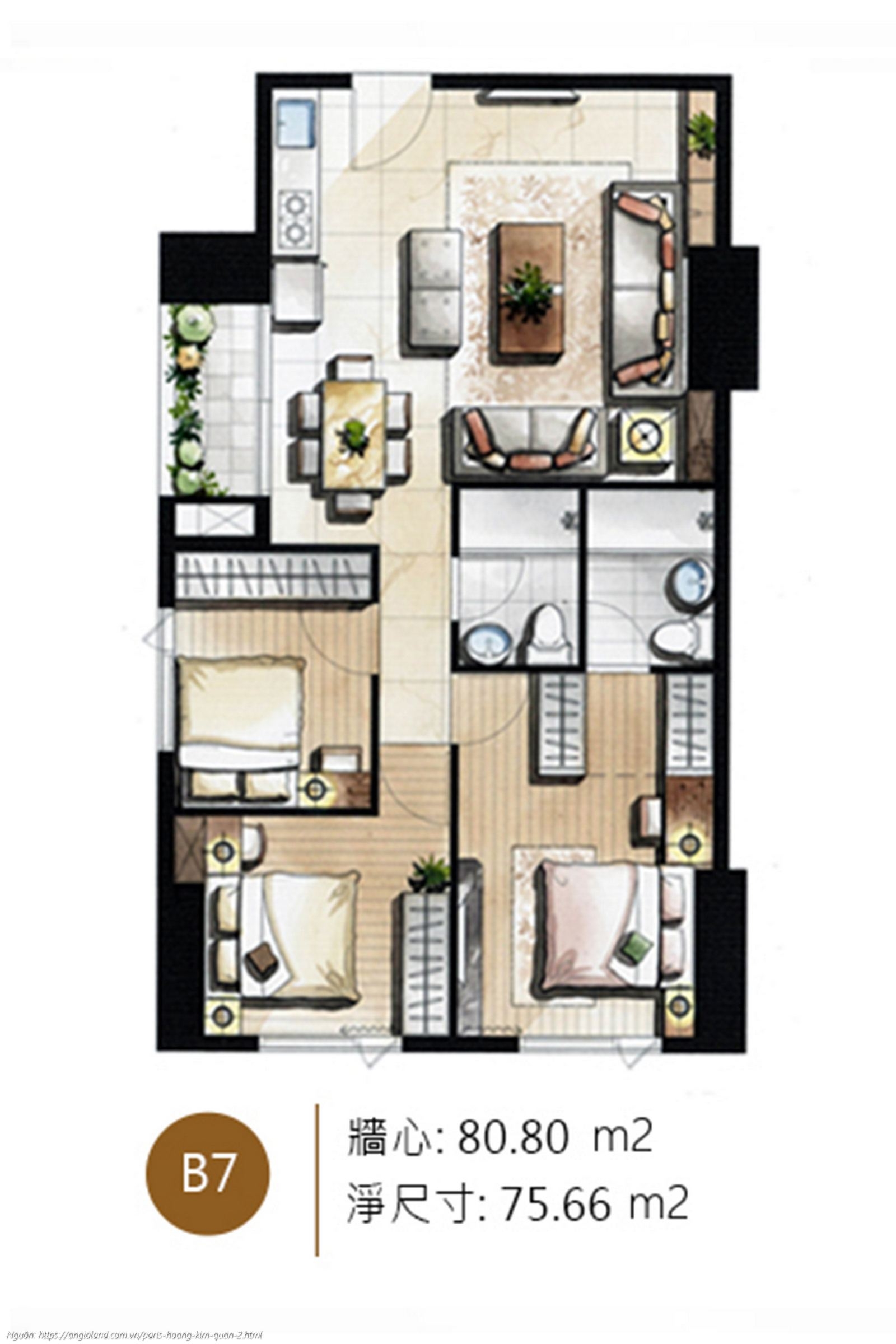 Thiết kế chi tiết layout căn hộ B7 diện tích 80.80 m² dự án Paris Hoàng Kim Quận 2