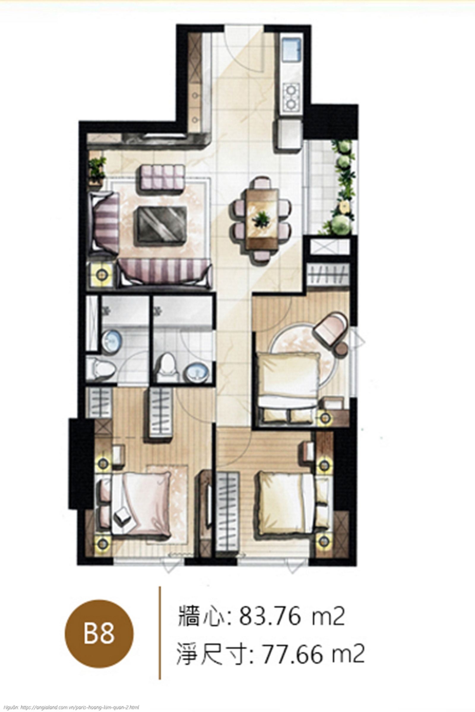 Thiết kế chi tiết layout căn hộ B8 diện tích 83.76 m² dự án Paris Hoàng Kim Quận 2