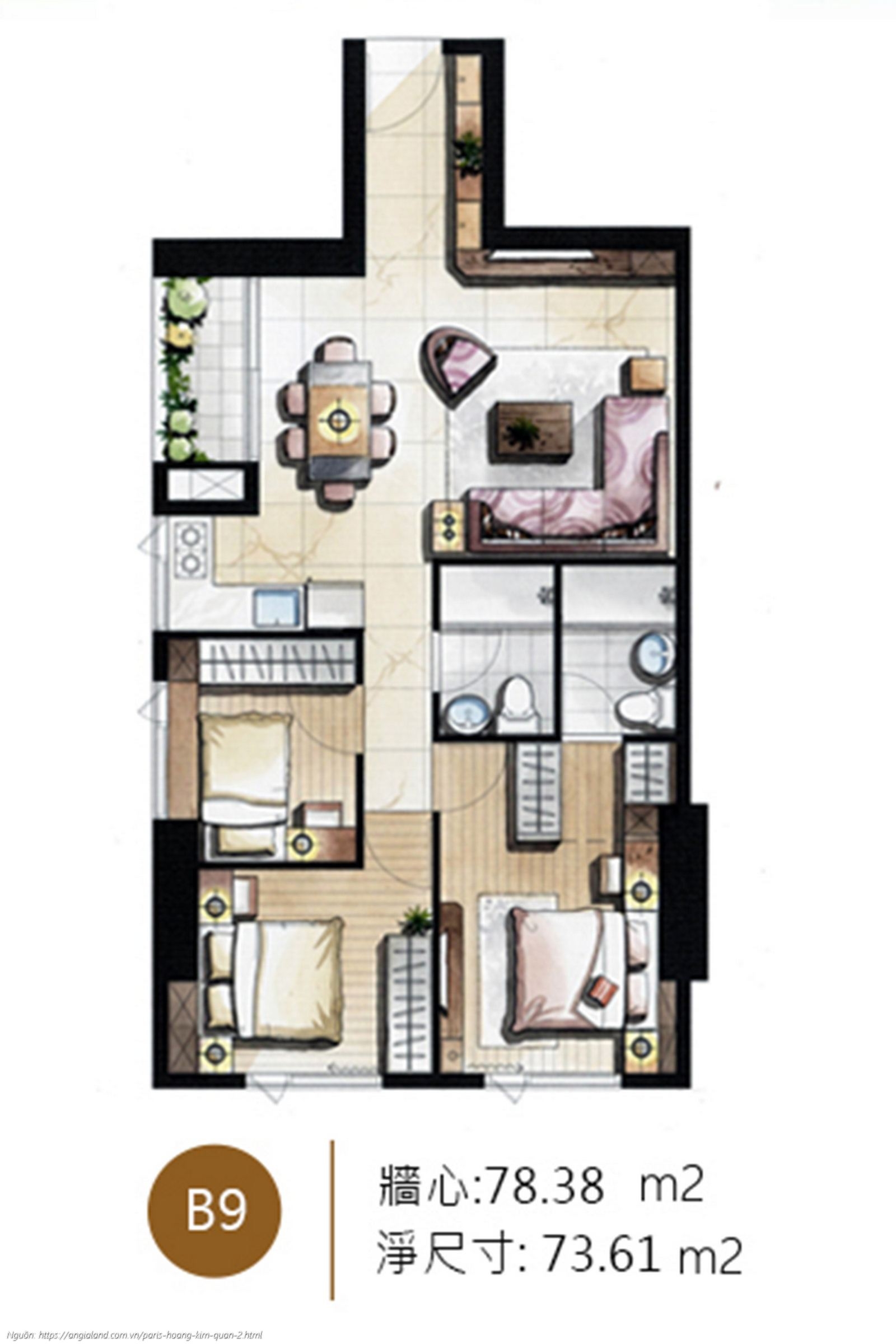 Thiết kế chi tiết layout căn hộ B9 diện tích 78.38 m² dự án Paris Hoàng Kim Quận 2