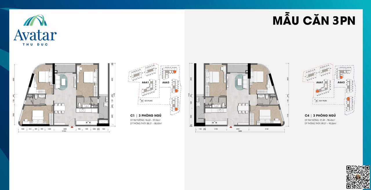 Thiết kế loại 3 Phòng ngủ 97-89m2 căn hộ Avatar Thủ Đức