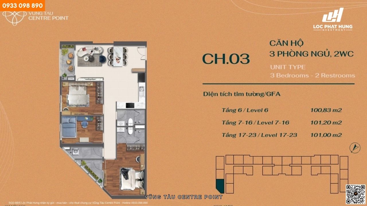 Thiết kế chi tiết căn hộ 3PN - 2WC dự án căn hộ chung cư cao cấp Vũng Tàu Centre Point