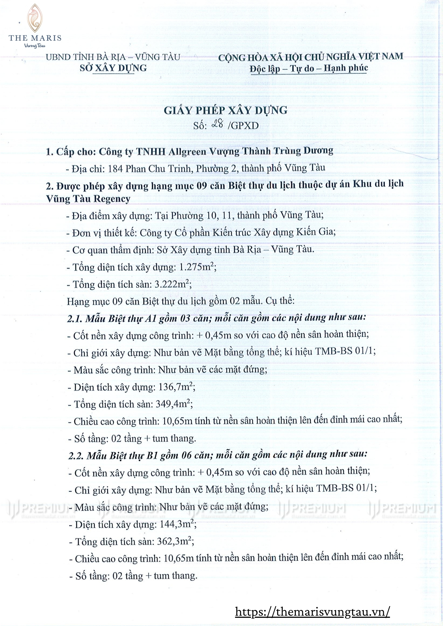 Giấy phép xây dựng biệt thư Serenity The Maris Vũng Tàu - Số 28