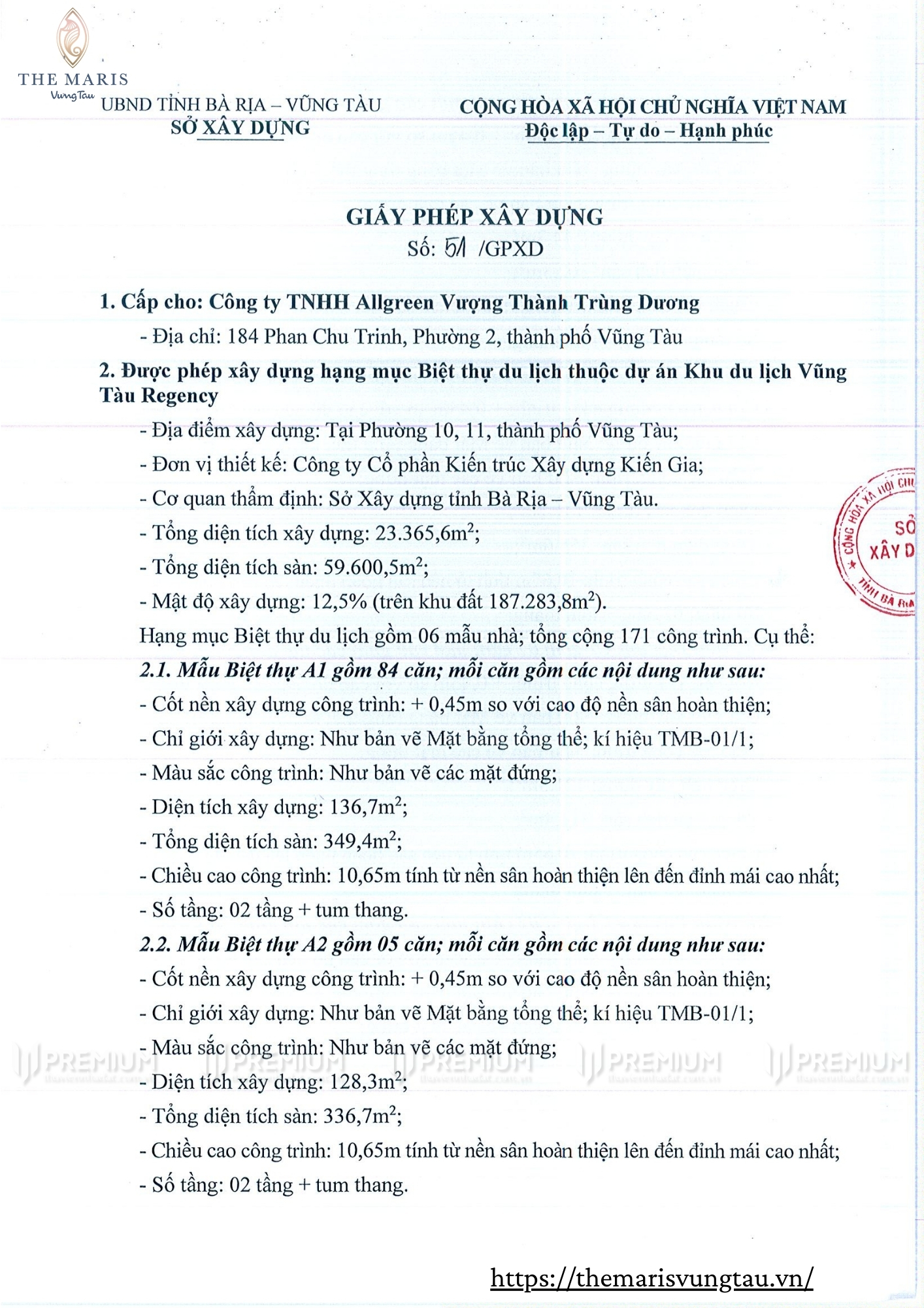 Giấy phép xây dựng biệt thư Serenity The Maris Vũng Tàu - Số 51