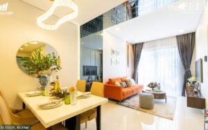 Thiết kế phòng khách nhà mẫu căn hộ 2PN The Felix Thuận An 61.85m²