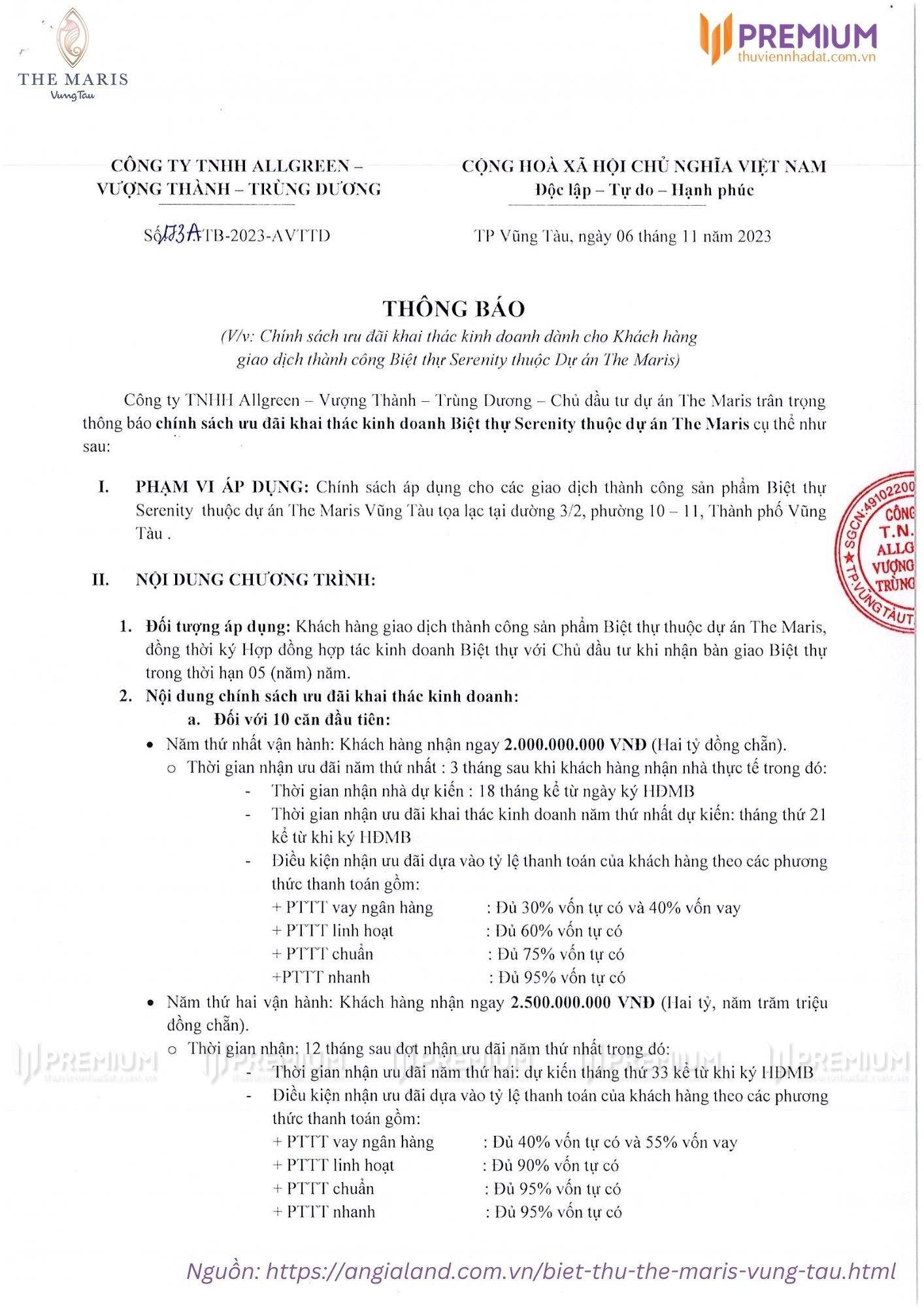Chính sách ưu đãi khách hàng nhận lợi nhuận 2 năm biệt thự The Maris Vũng Tàu