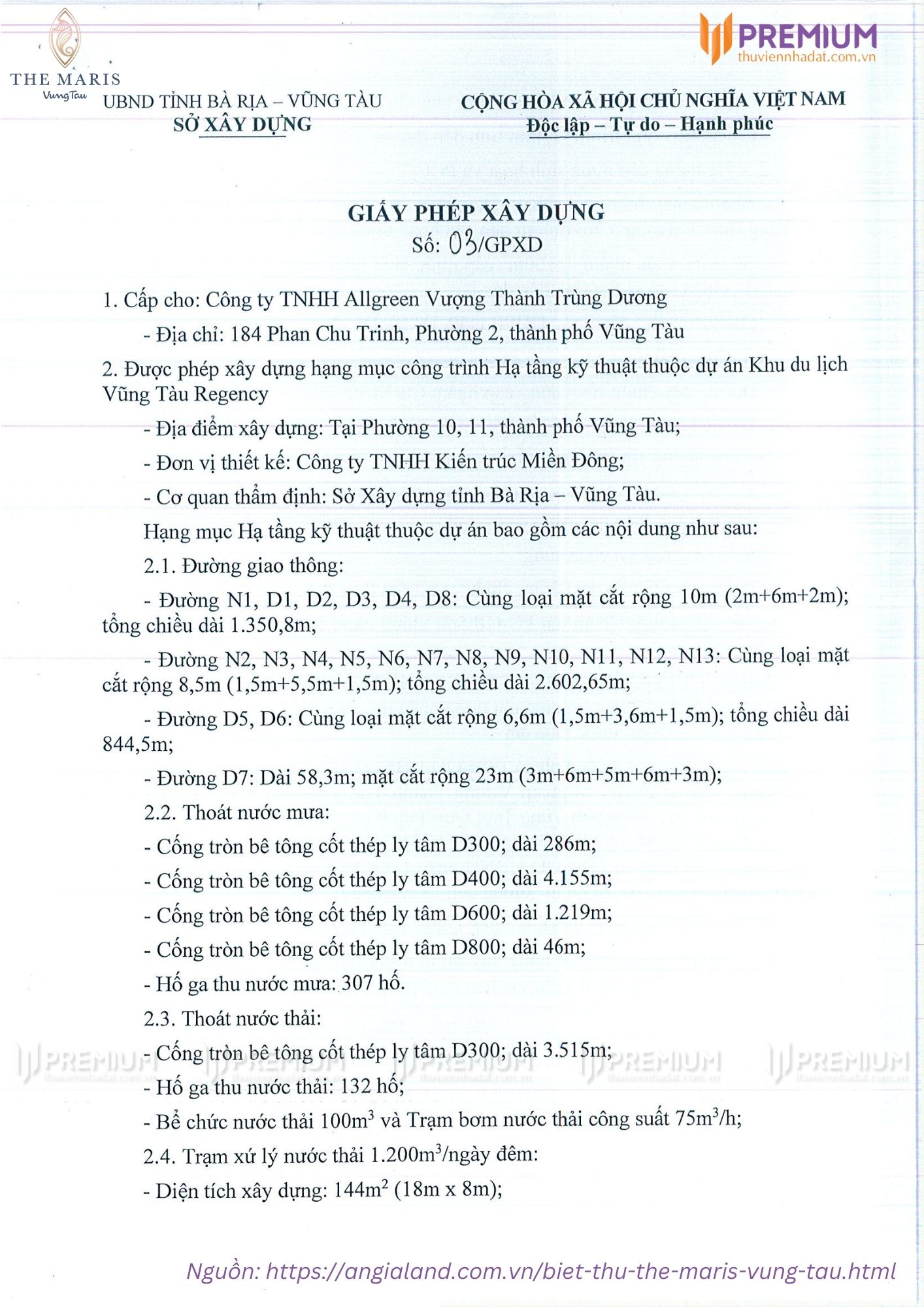 Giấy phép xây dựng số 03 biệt thự The Maris Vũng Tàu