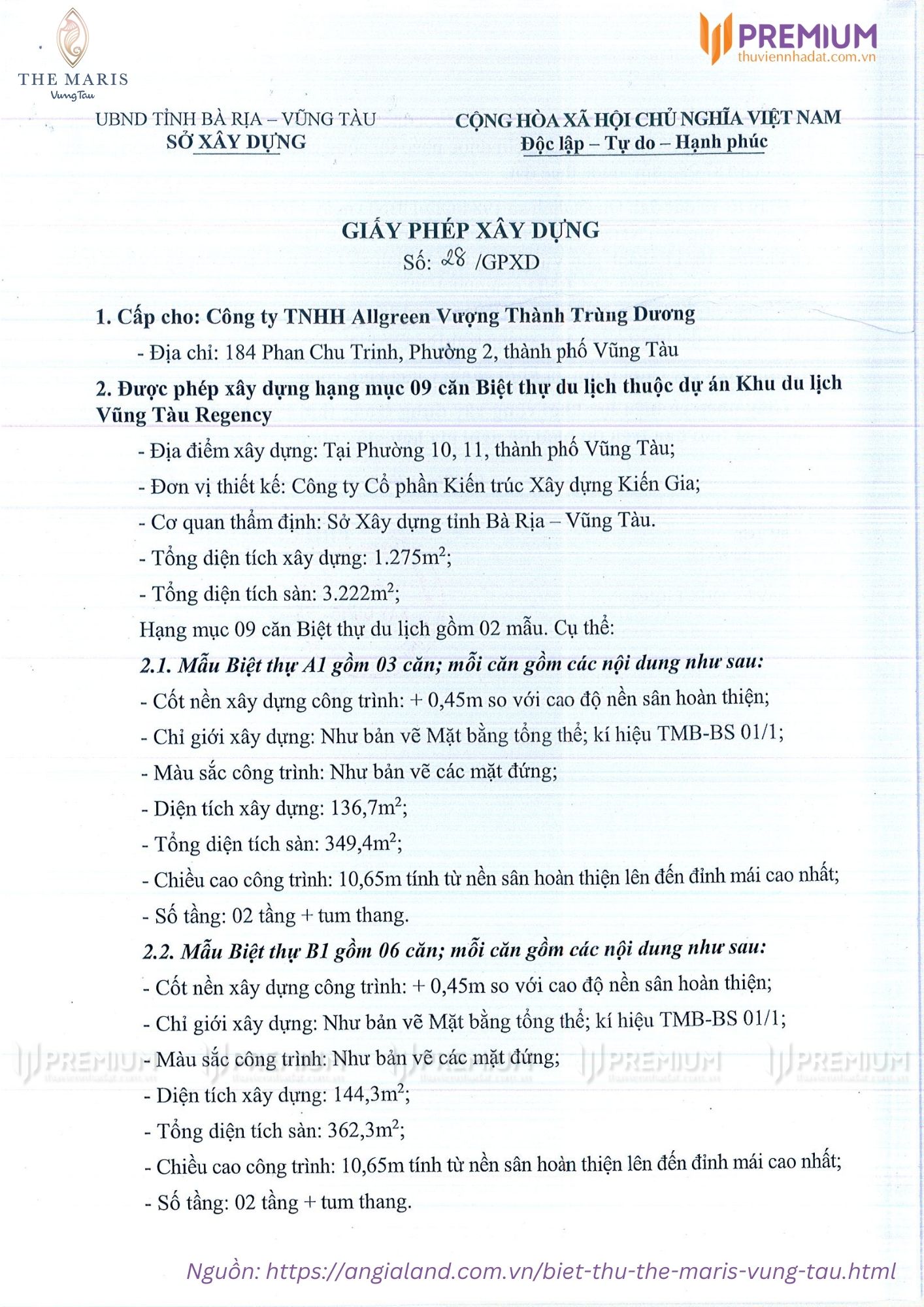 Giấy phép xây dựng số 28 biệt thự The Maris Vũng Tàu