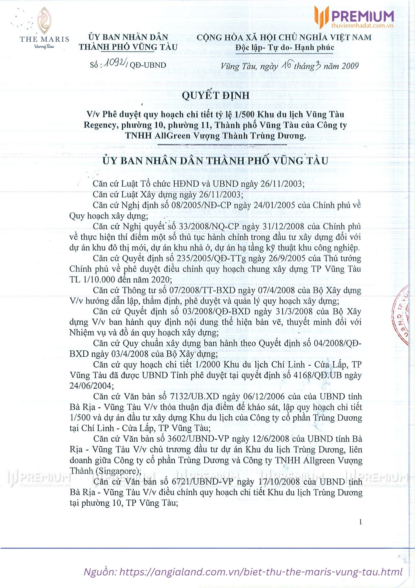 Quy hoạch 1/500 biệt thự The Maris Vũng Tàu