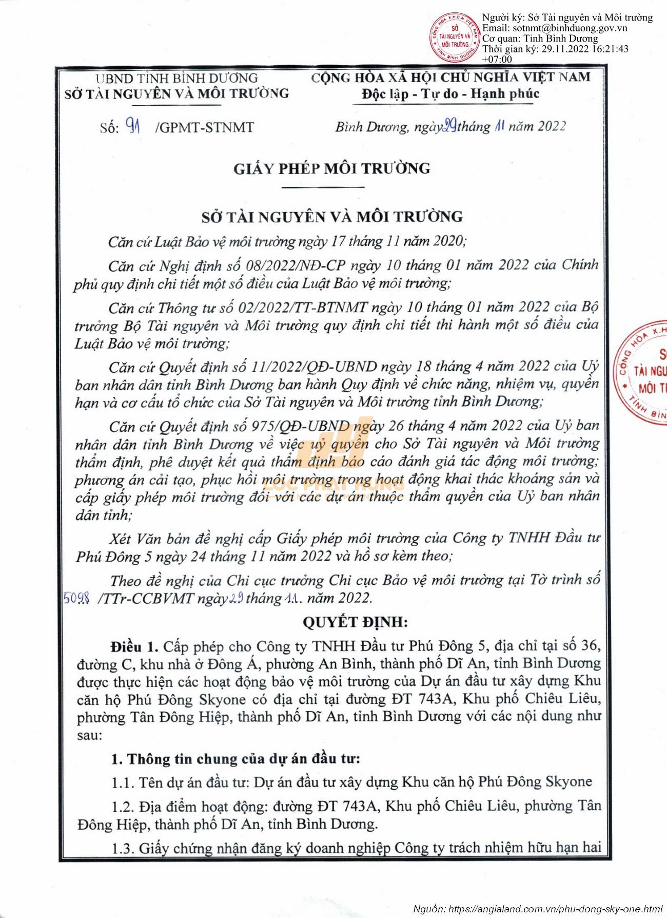 Giấy phép môi trường dự án Phú Đông Sky One Dĩ An