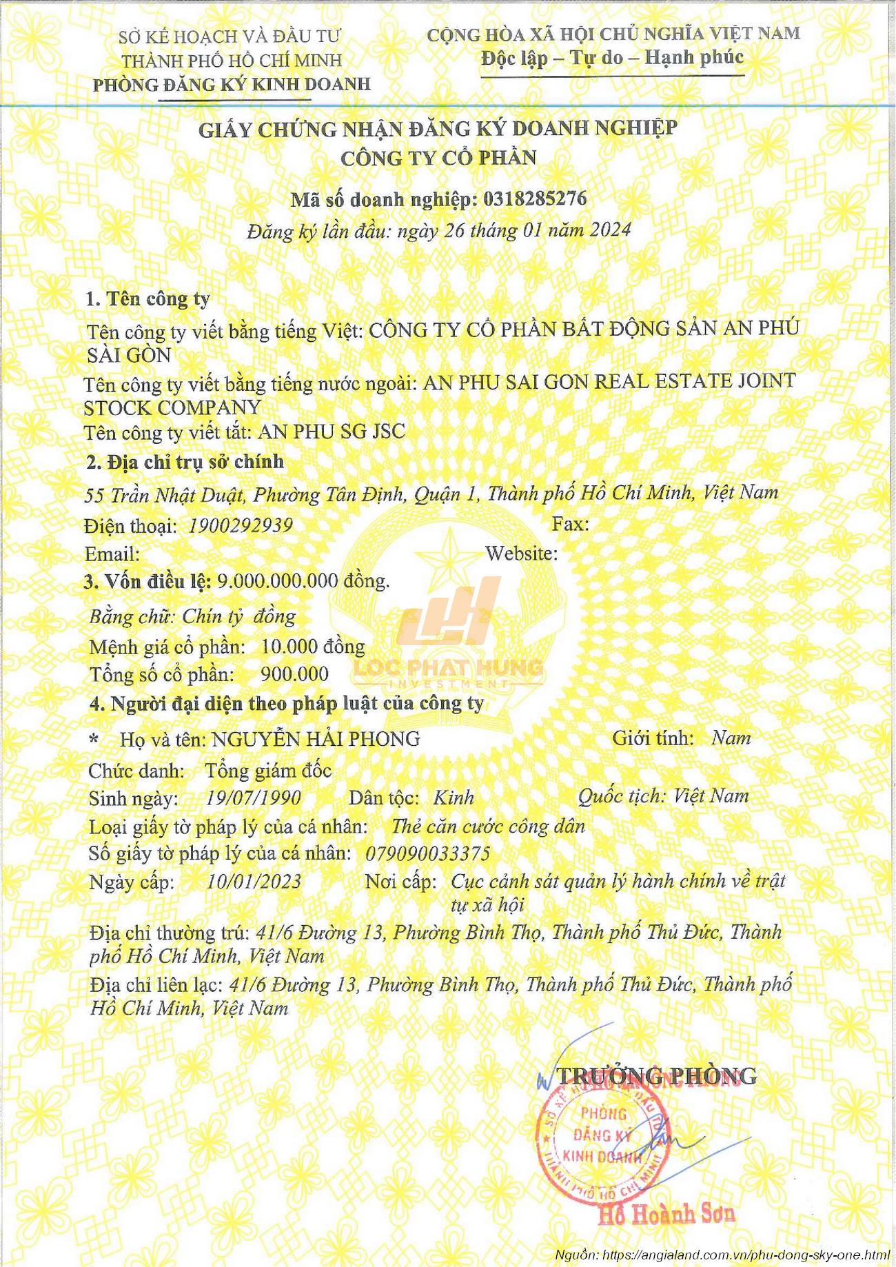 Giấy phép đăng ký dinh doanh Cty BĐS An Phú Sài Gòn