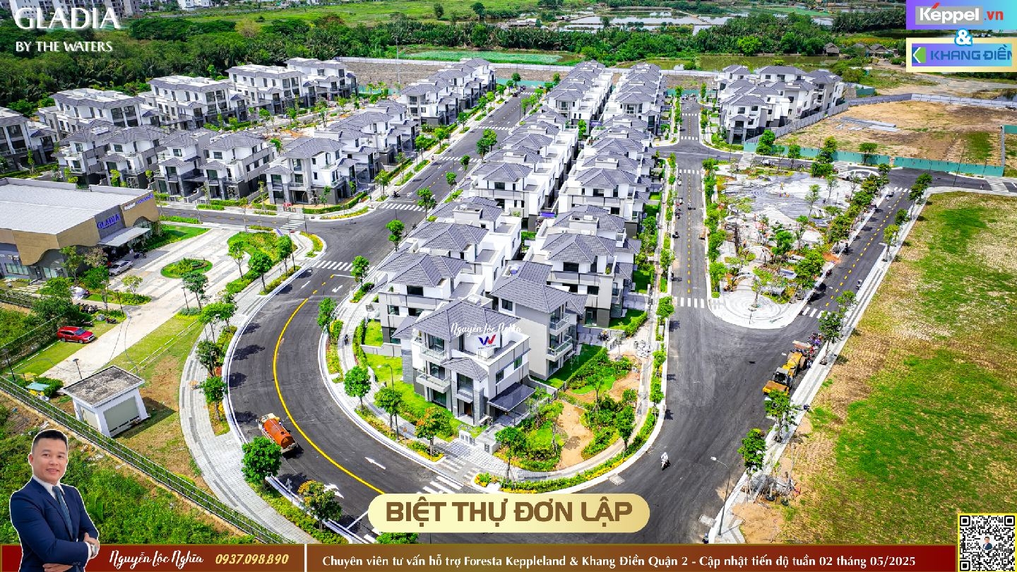 Tiến độ biệt thự đơn lập dự án Gladia by the waters Khang Điền Keppel tháng 05/2025