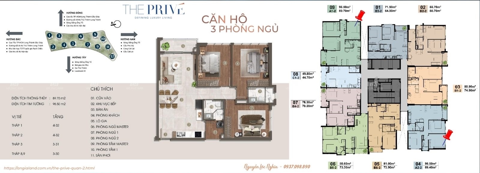 Thiết Kế Chi Tiết Căn Hộ 3 Phòng Ngủ (3PN) Rộng Rãi Dự Án The Privé Quận 2 Đất Xanh