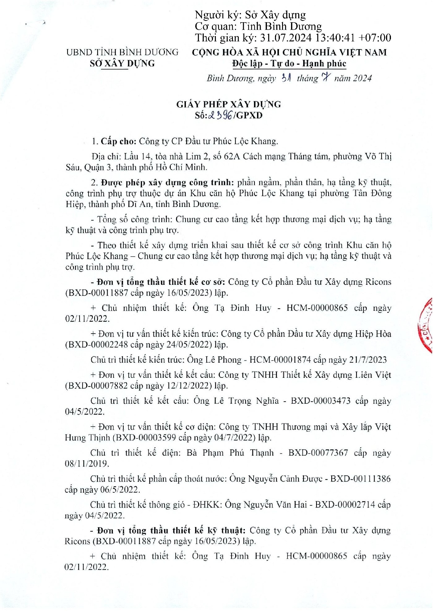 Giấy Phép Xây Dựng Dự án Căn Hô Chung Cư Tt Avio Dĩ An
