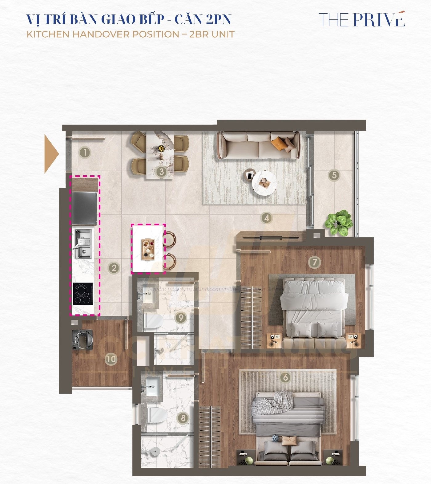 Vị tri bàn giao Bếp The Privé Quận 2 - Căn Hộ 2PN