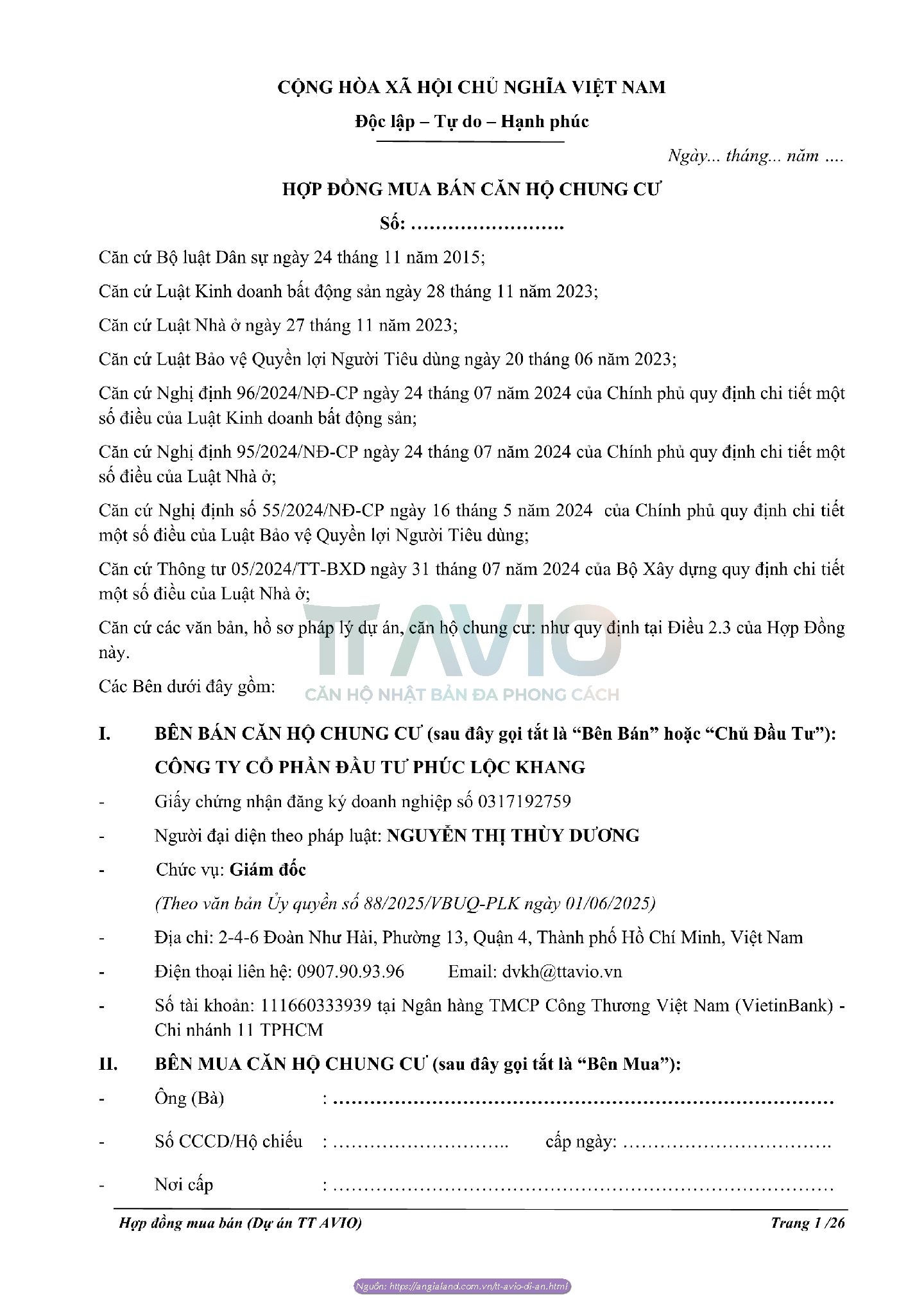 Hợp đồng Mua Bán Căn Hộ Tt Avio Dĩ An