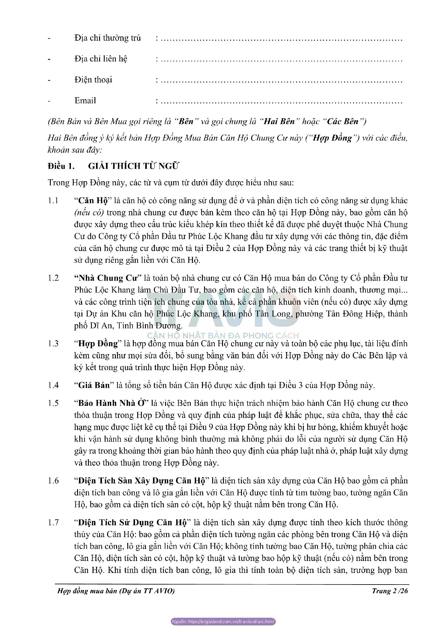 Hợp đồng Mua Bán Căn Hộ Tt Avio Dĩ An