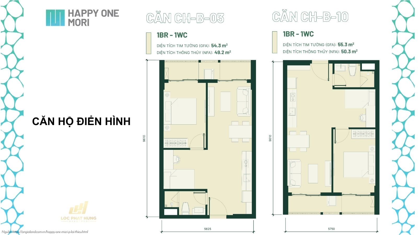 Mặt bằng căn hộ 1 phòng ngủ (1PN) 1 WC điển hình tại dự án Happy One Mori