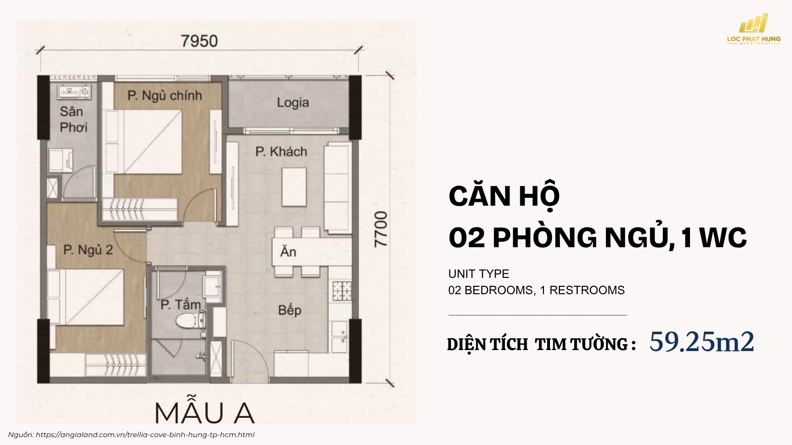 Mặt Bằng Chi Tiết Căn Hộ Trellia Cove Mẫu A (2PN, 59.25m²)
