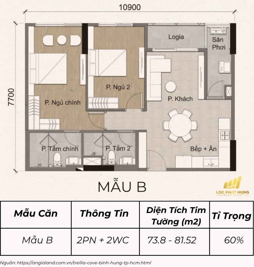 Mặt Bằng Căn Hộ Trellia Cove Mẫu B 2pn 2wc 73 8m² 81 52m²