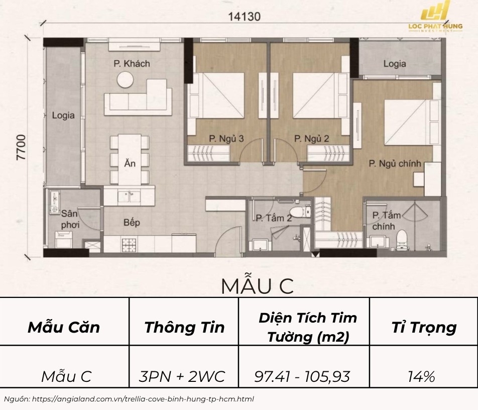 Mặt Bằng Căn Hộ Trellia Cove Mẫu C 3pn 2wc 97 41m² 105 93m²