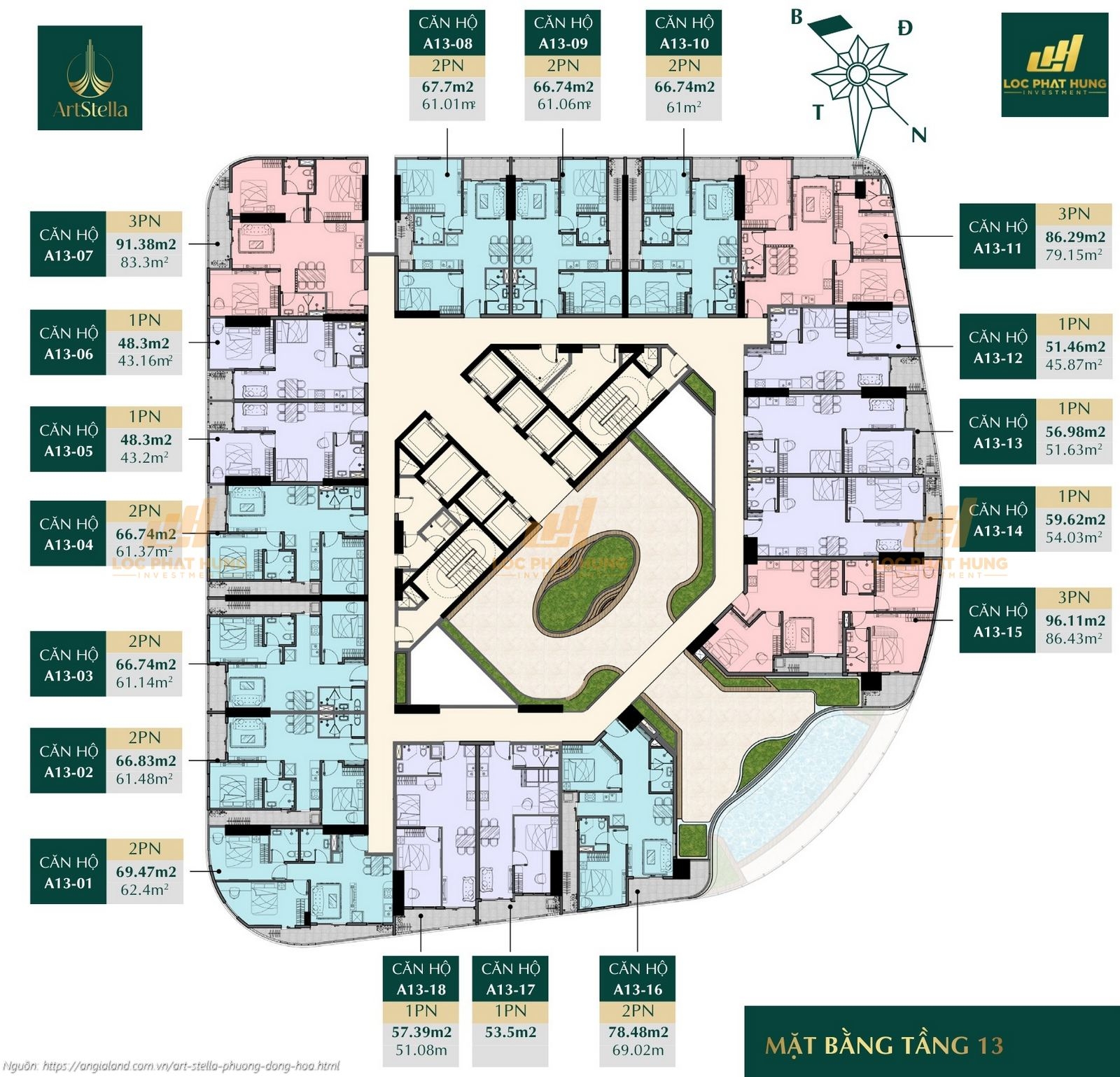Mặt bằng tầng 13 căn hộ chung cư Art Stella, Phường Đông Hòa, TPHCM