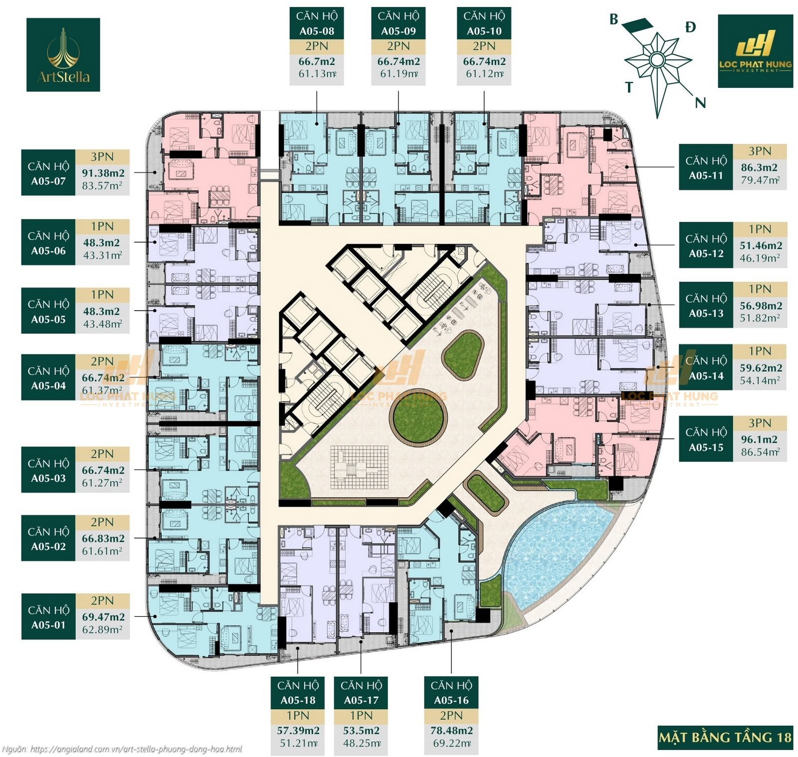 Mặt bằng tầng 18 căn hộ chung cư Art Stella, Phường Đông Hòa, TPHCM