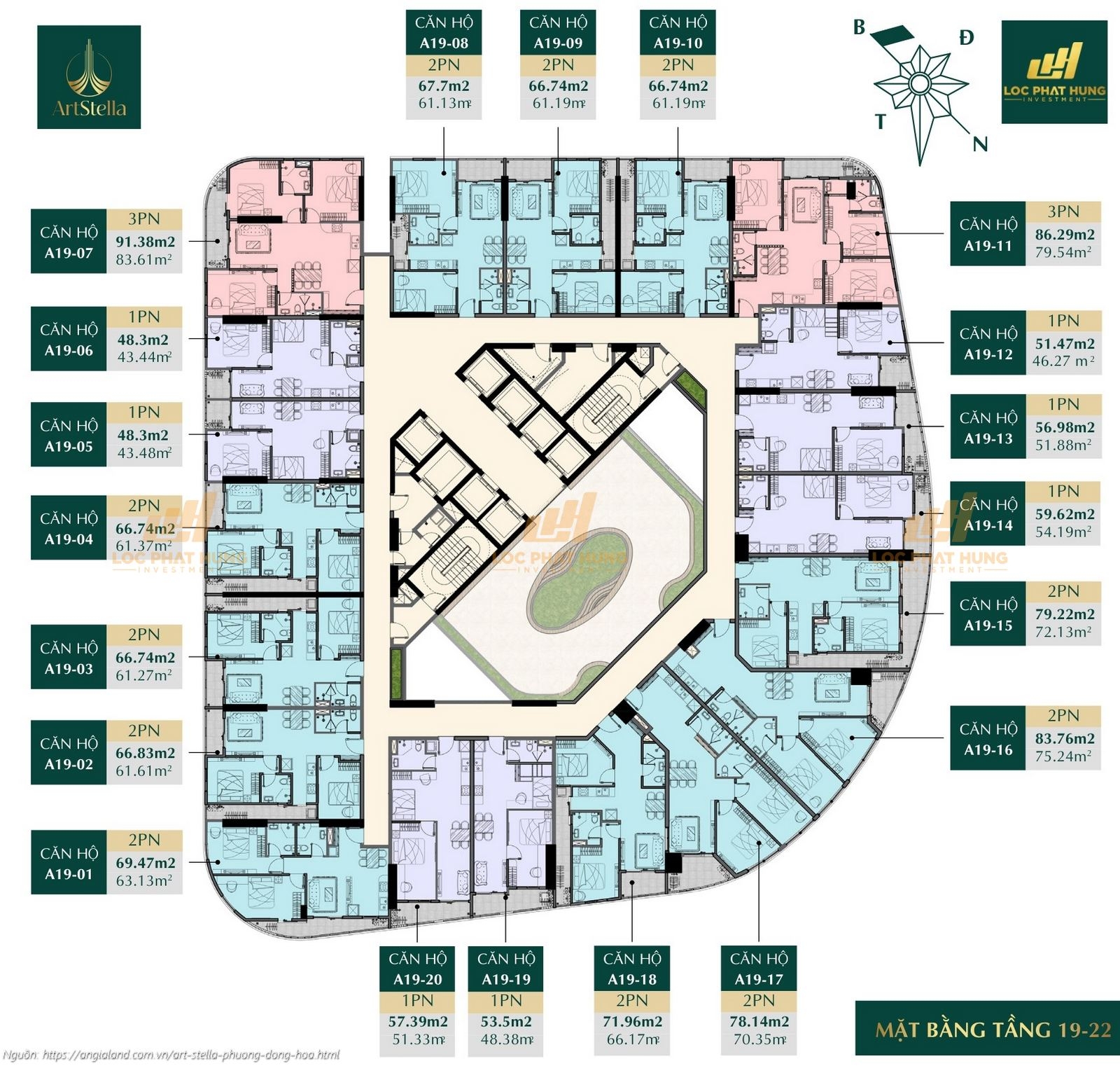 Mặt bằng tầng 19-22 căn hộ chung cư Art Stella, Phường Đông Hòa, TPHCM