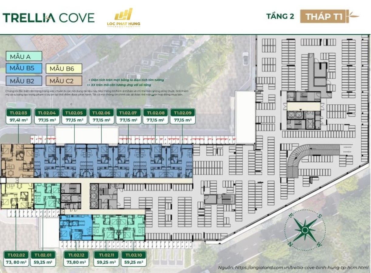 Mặt Bằng Tầng 2 Tháp T1 Trellia Cove | Layout Căn Hộ Amp; Bãi Đỗ Xe
