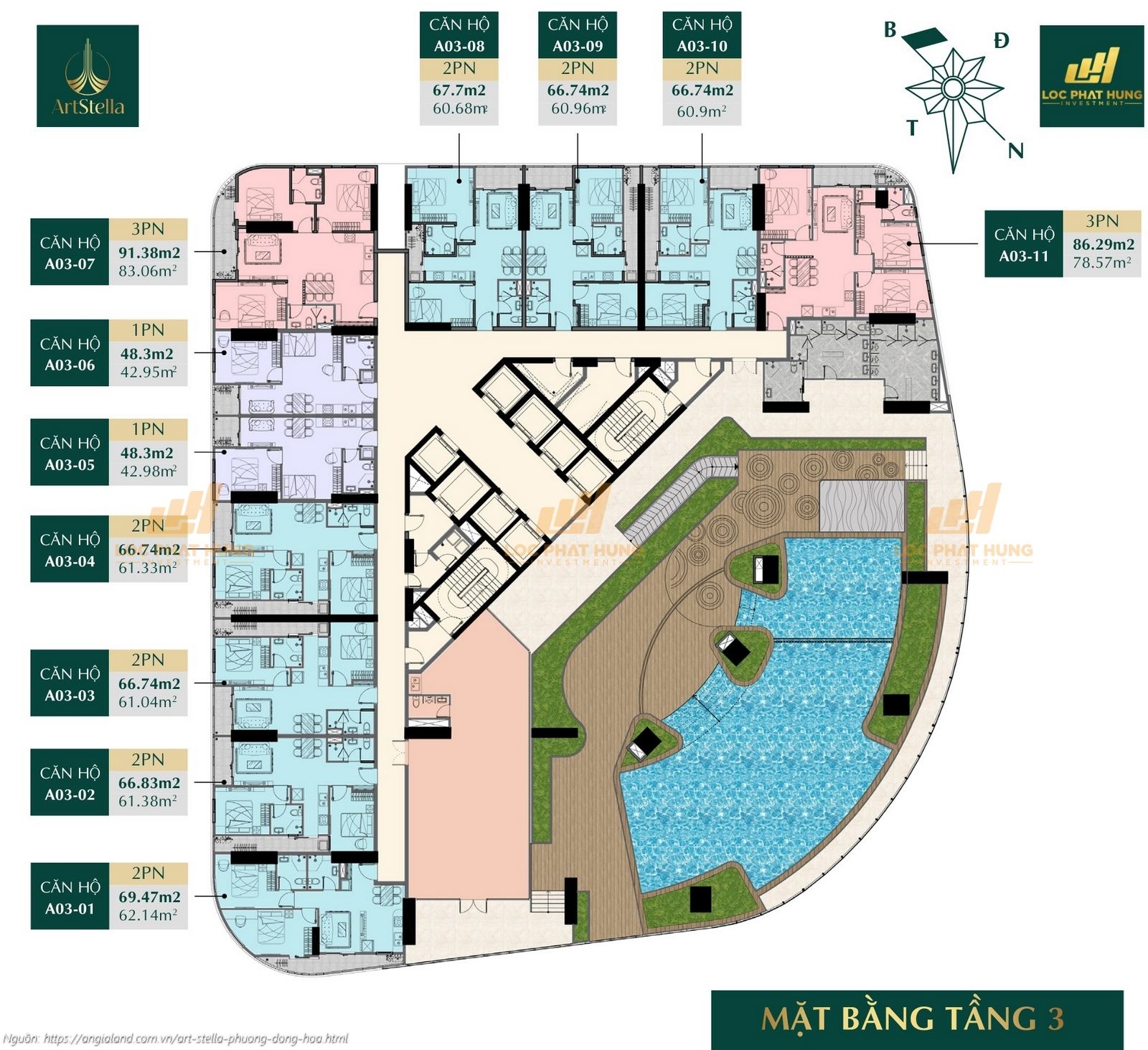 Mặt bằng tầng 3 căn hộ chung cư Art Stella, Phường Đông Hòa, TPHCM