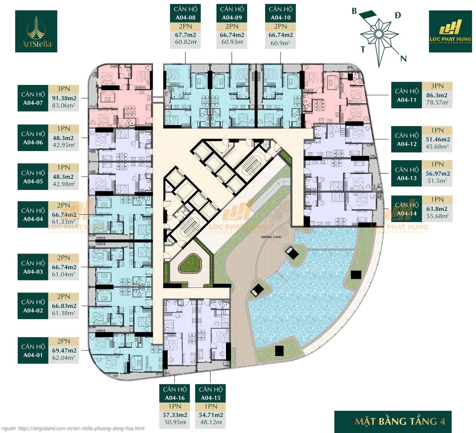 Mặt bằng tầng 4 căn hộ chung cư Art Stella, Phường Đông Hòa, TPHCM