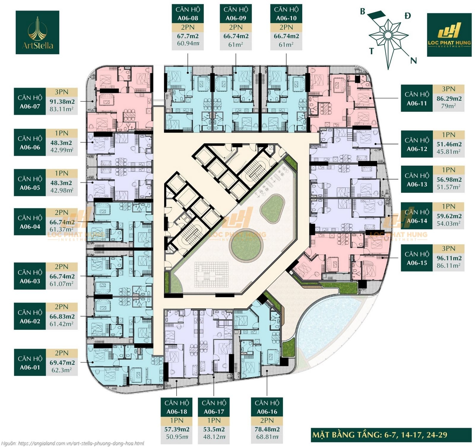 Mặt bằng tầng 6-7, 14-17, 24-29 căn hộ chung cư Art Stella, Phường Đông Hòa, TPHCM