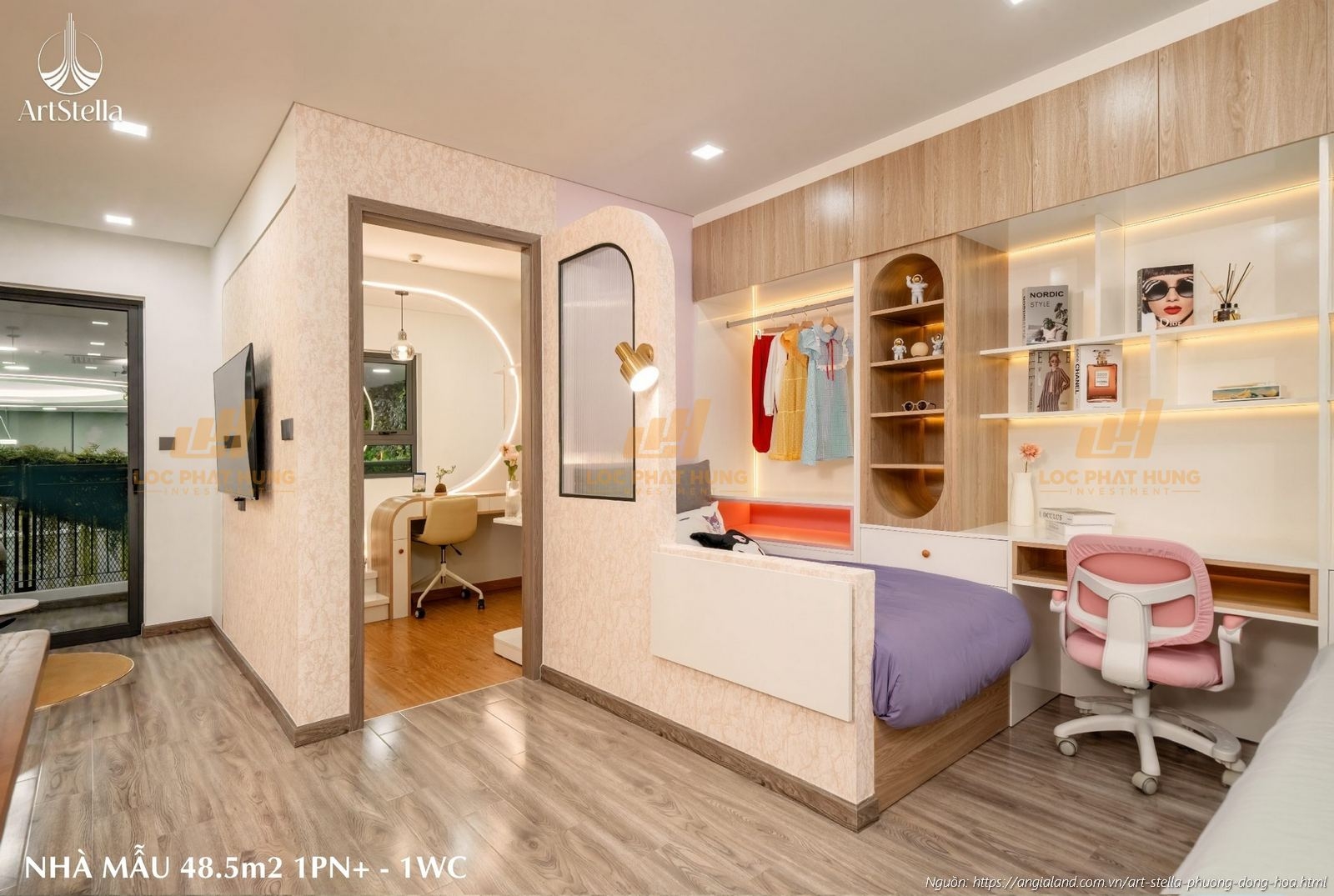 Nhà mẫu Art Stella - Không gian chung (Phòng khách - Bếp) căn hộ 1PN diện tích 48.5m² (1PN - 1WC)