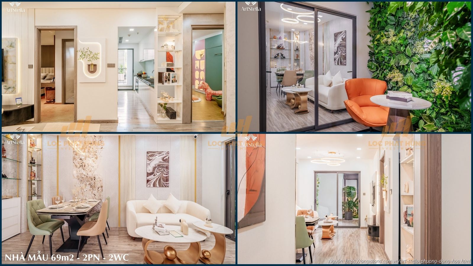 Nhà mẫu Art Stella - Phòng khách căn hộ 2PN diện tích 69m² (2PN - 2WC)