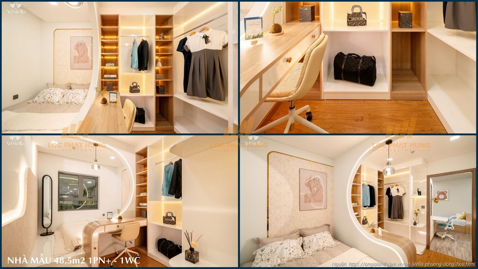 Nhà mẫu Art Stella - Phòng ngủ master căn hộ 1PN diện tích 48.5m² (1PN - 1WC)