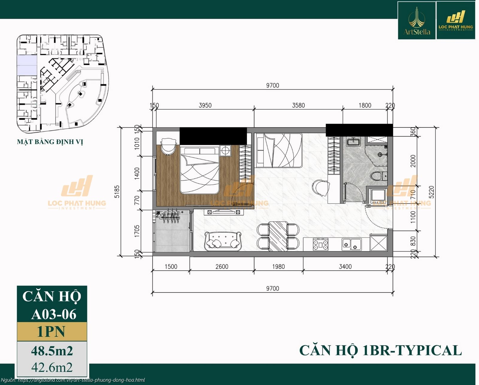 Thiết kế căn hộ 1PN diện tích 48.5m2 dự án căn hộ chung cư Art Stella, Phường Đông Hòa, TPHCM