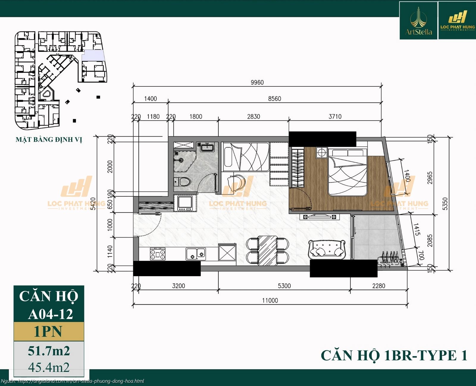 Thiết kế căn hộ 1PN diện tích 51.7m2 dự án căn hộ chung cư Art Stella, Phường Đông Hòa, TPHCM