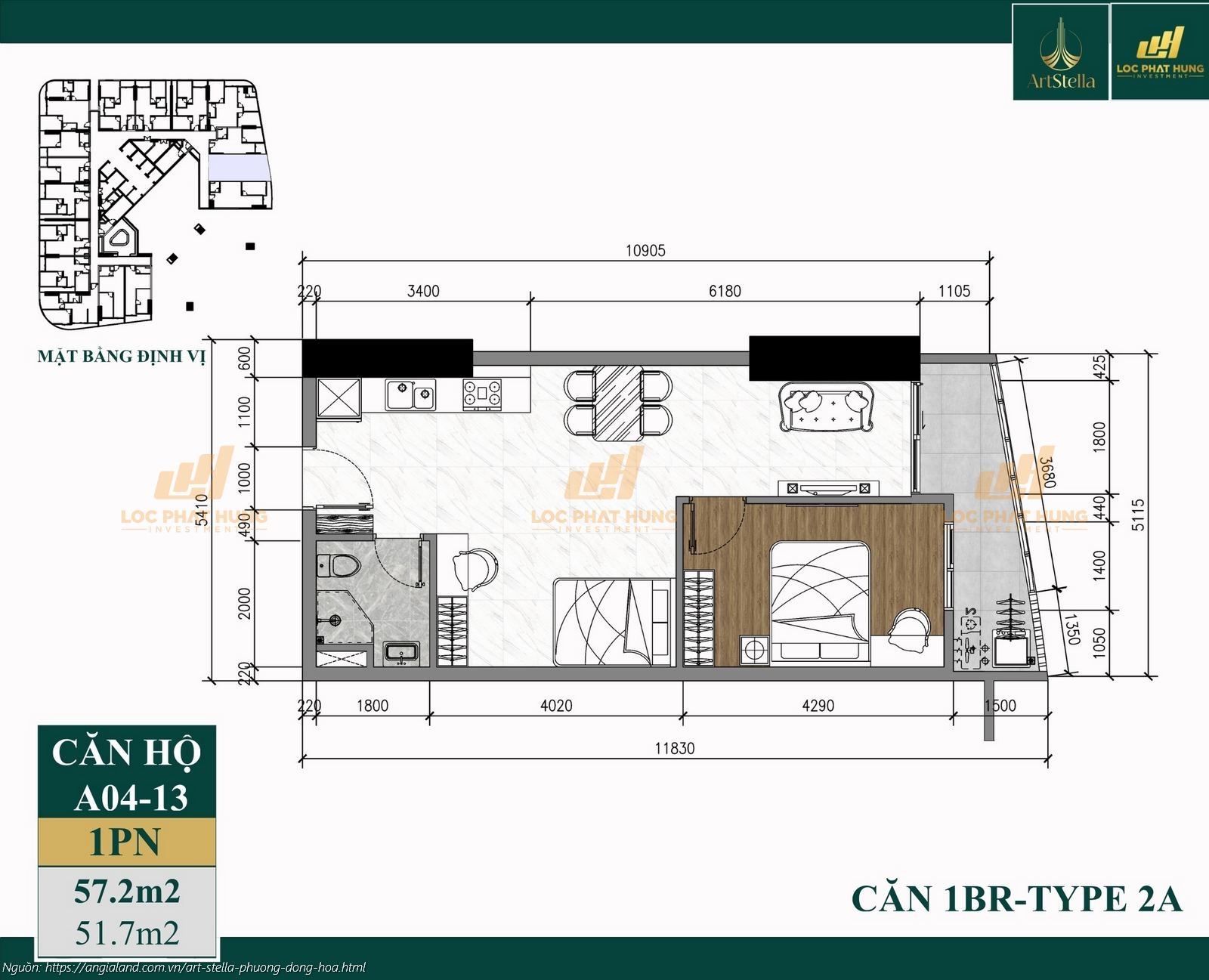 Thiết kế căn hộ 1PN diện tích 57.2m2 dự án căn hộ chung cư Art Stella, Phường Đông Hòa, TPHCM