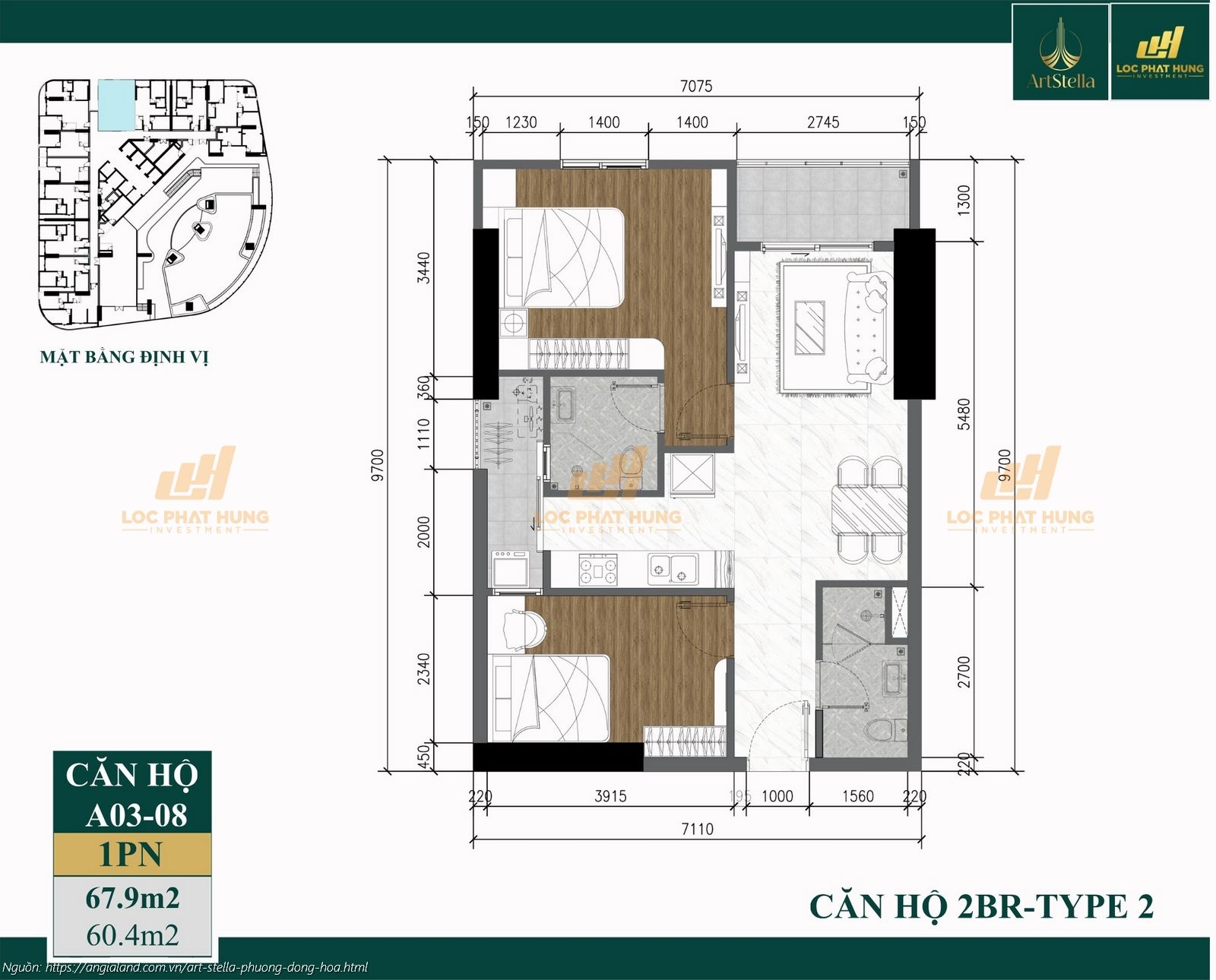 Thiết kế căn hộ 1PN diện tích 67.9m2 dự án căn hộ chung cư Art Stella, Phường Đông Hòa, TPHCM