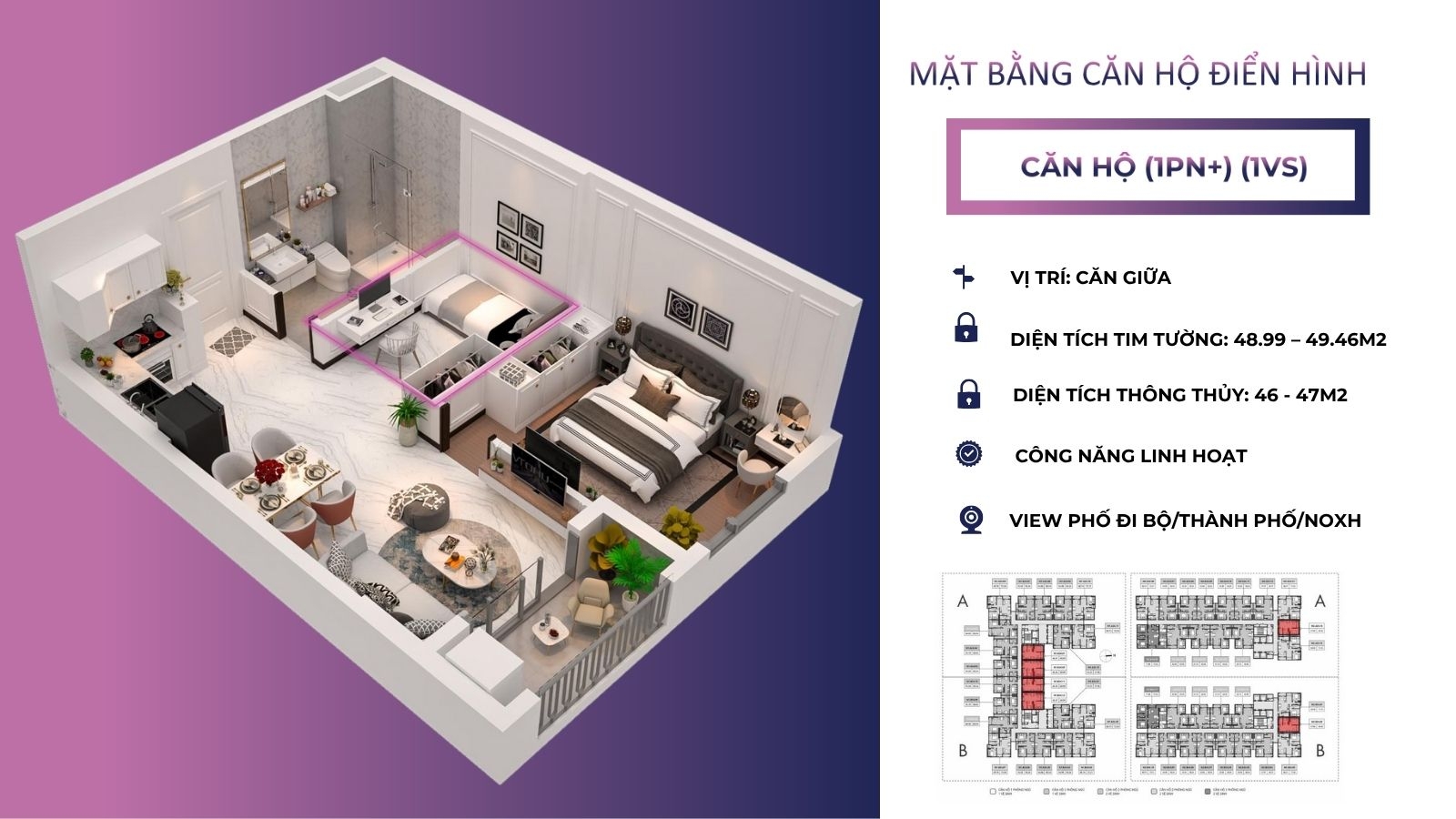 Thiết kế Căn Hộ 1PN+ Maison Grand (50m²): Layout & Thiết Kế Tối Ưu