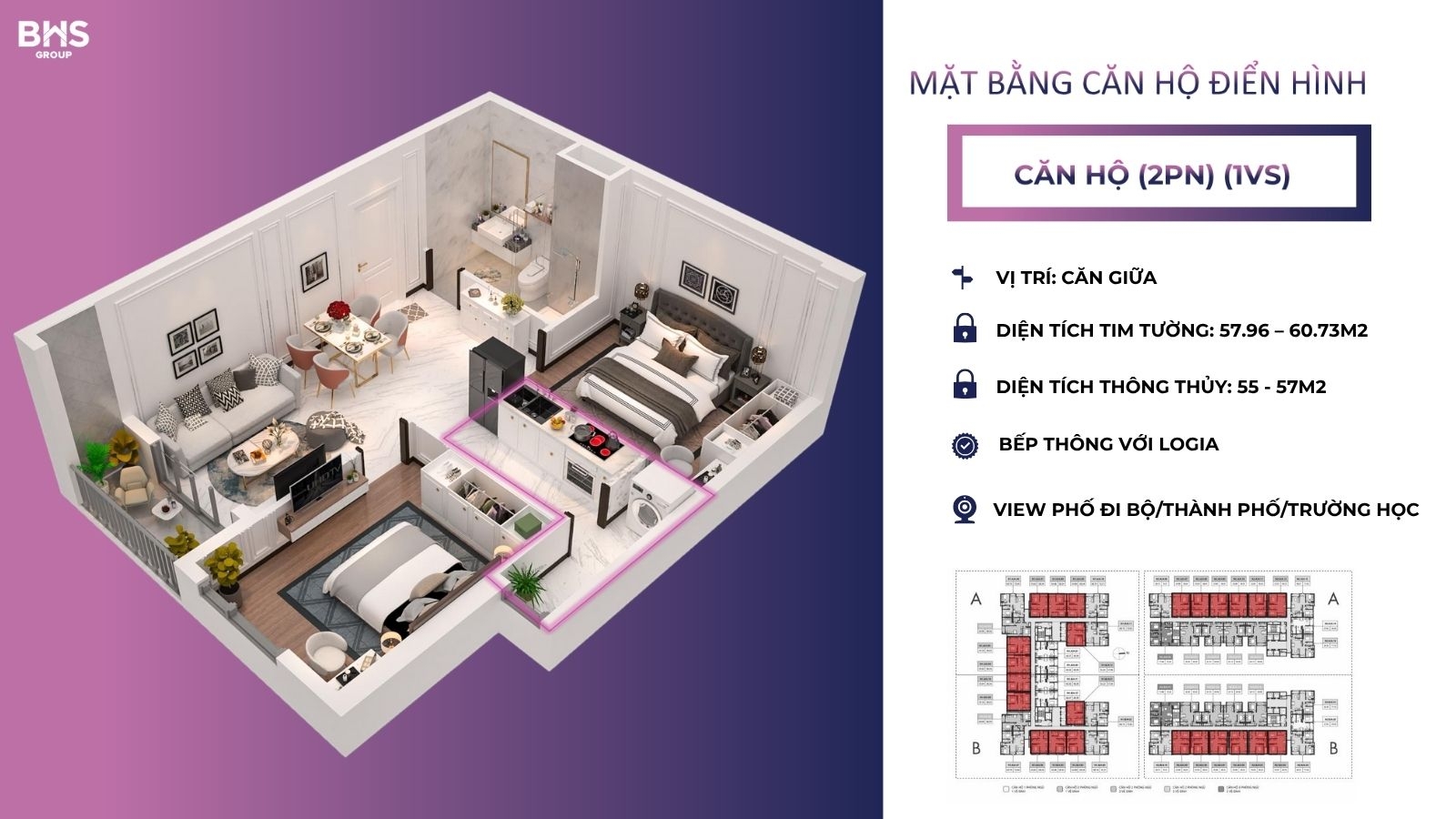Thiết Kế Căn Hộ 2PN Maison Grand (60-70m²): Layout Căn Góc & Thiết Kế