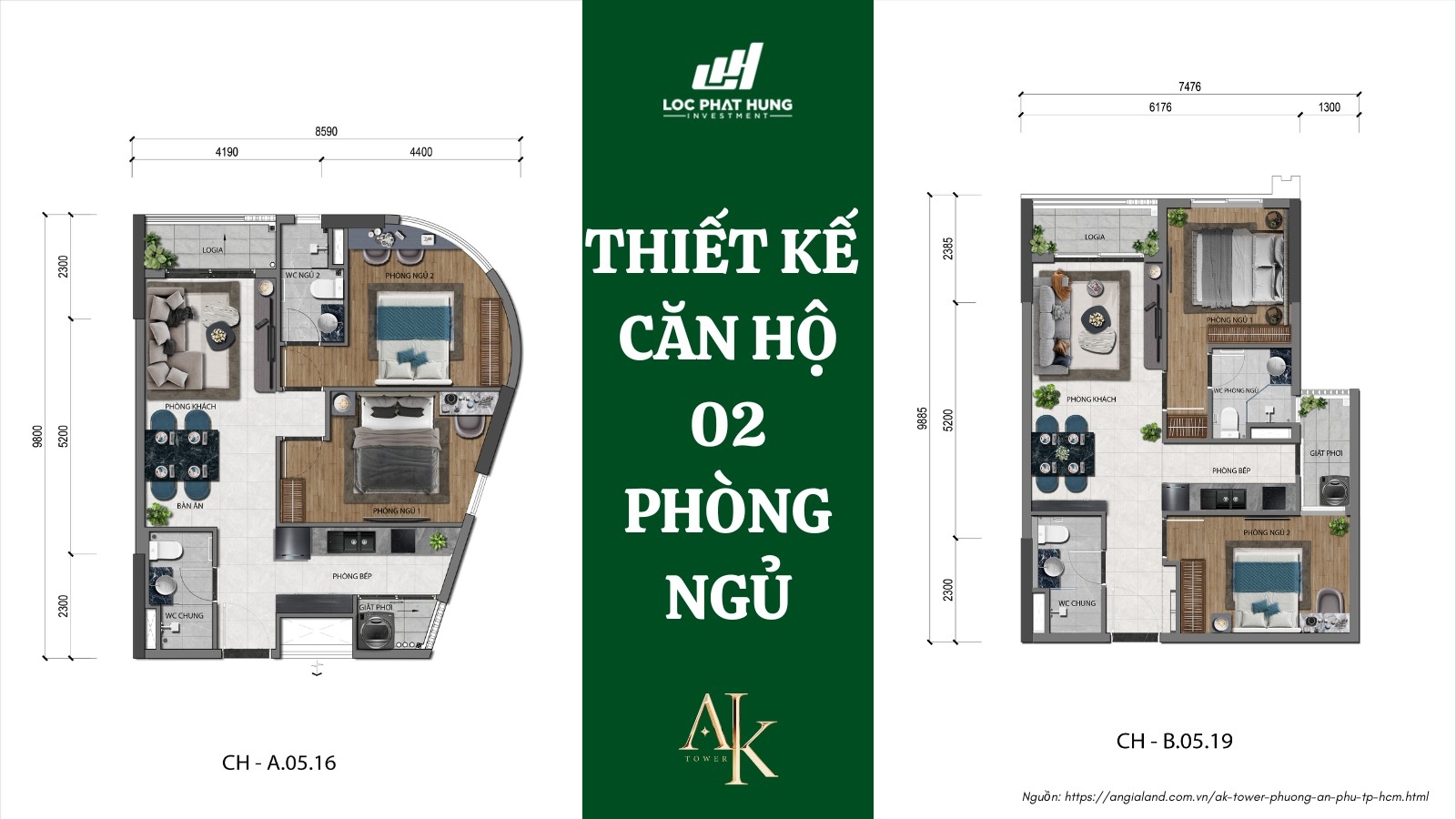 Thiết kế căn hộ 2 phòng ngủ dự án A&K Tower An Phú Thiết kế căn hộ 2 phòng ngủ dự án A&K Tower An Phú