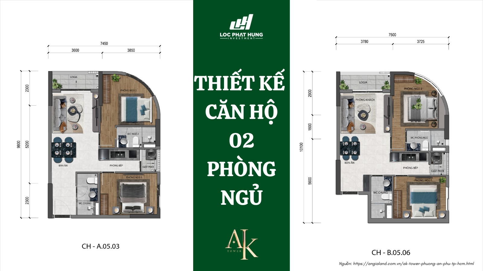Thiết kế căn hộ 2 phòng ngủ dự án A&K Tower An Phú Thiết kế căn hộ 2 phòng ngủ dự án A&K Tower An Phú