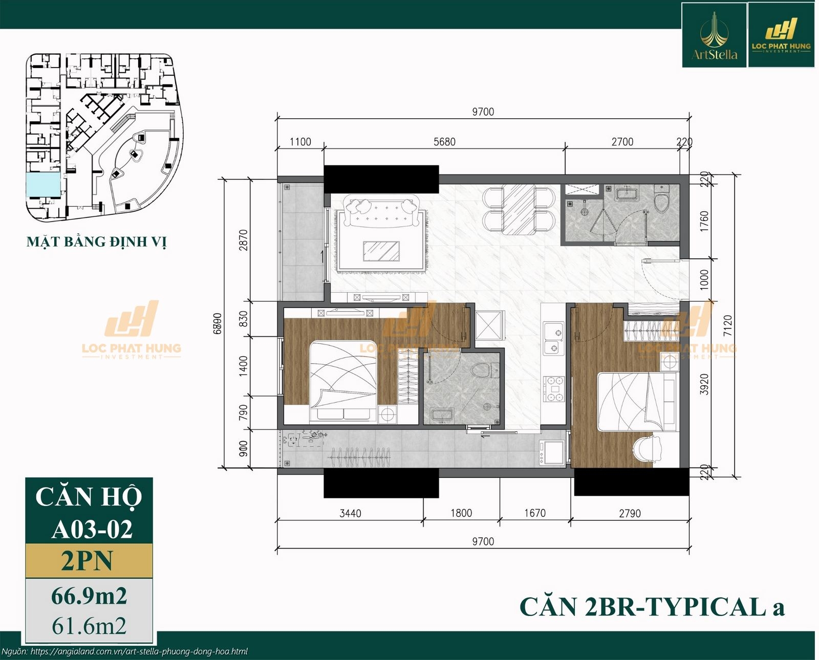 Thiết kế căn hộ 2PN diện tích 66.9m2 dự án căn hộ chung cư Art Stella, Phường Đông Hòa, TPHCM