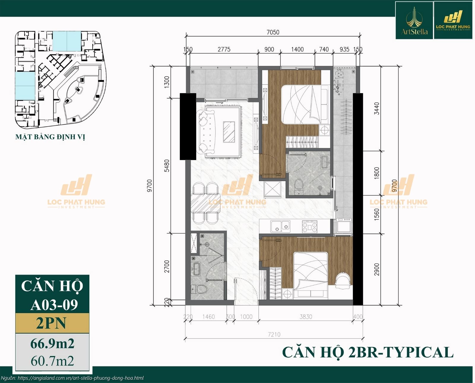 Thiết kế căn hộ 2PN diện tích 66.9m2 dự án căn hộ chung cư Art Stella, Phường Đông Hòa, TPHCM
