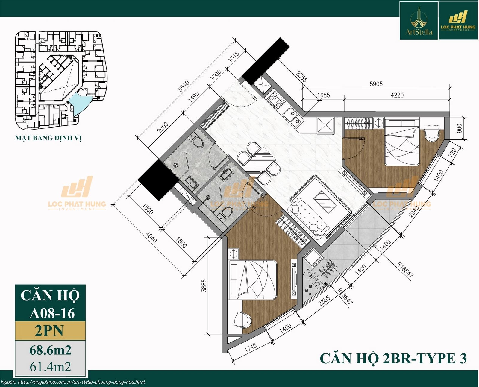 Thiết kế căn hộ 2PN diện tích 68.6m2 dự án căn hộ chung cư Art Stella, Phường Đông Hòa, TPHCM