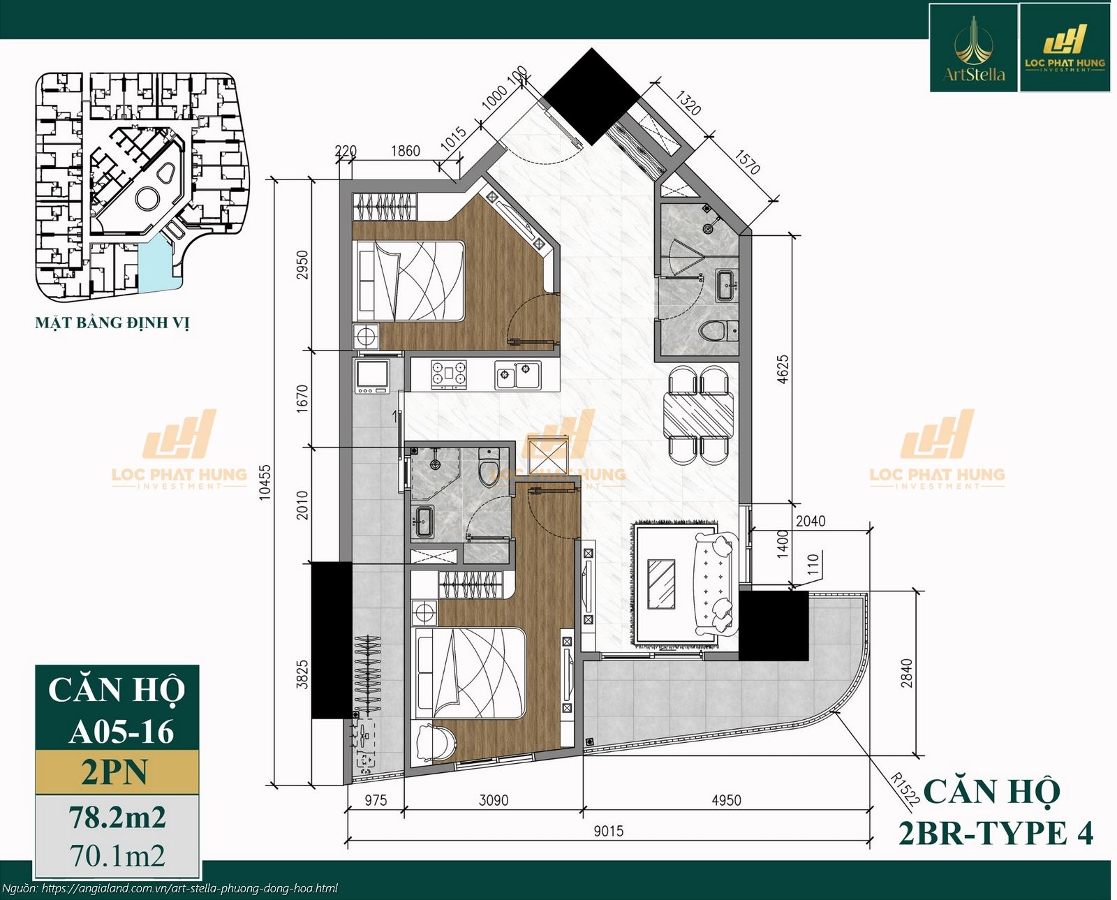 Thiết kế căn hộ 2PN diện tích 78.2m2 dự án căn hộ chung cư Art Stella, Phường Đông Hòa, TPHCM