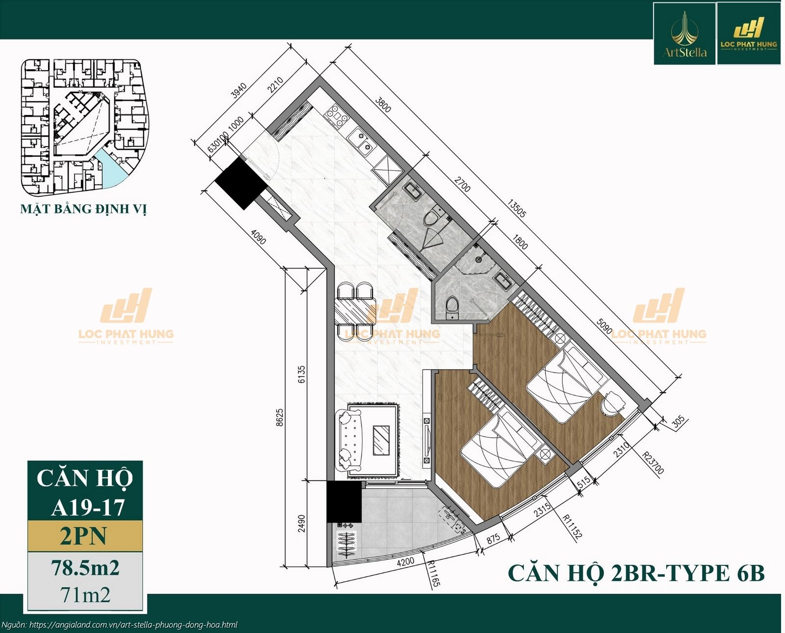 Thiết kế căn hộ 2PN diện tích 78.5m2 dự án căn hộ chung cư Art Stella, Phường Đông Hòa, TPHCM
