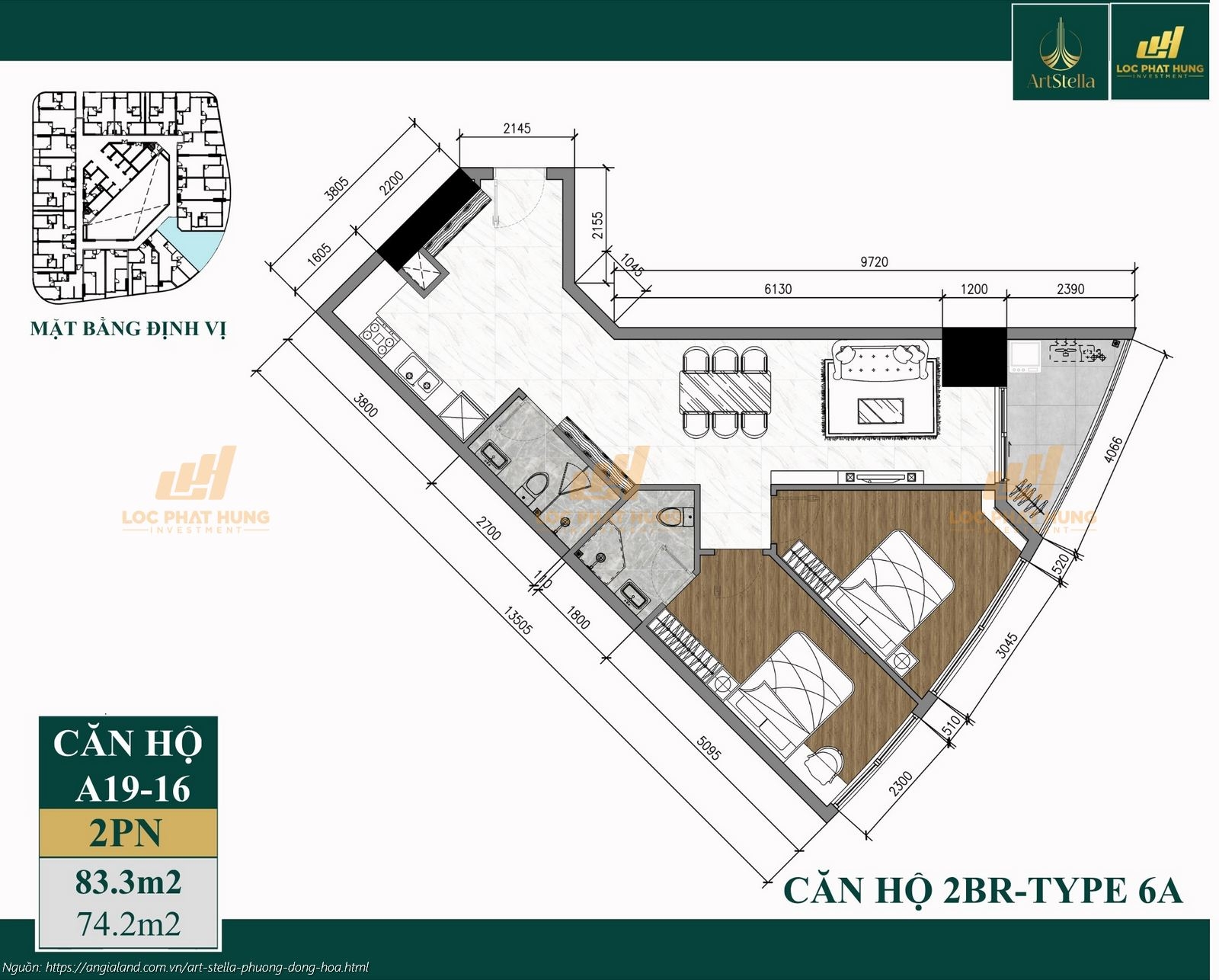 Thiết kế căn hộ 2PN diện tích 83.3m2 dự án căn hộ chung cư Art Stella, Phường Đông Hòa, TPHCM