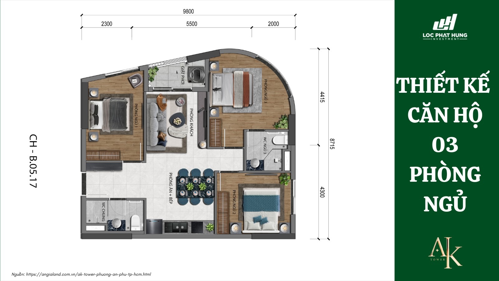Thiết kế căn hộ 3 phòng ngủ dự án A&K Tower An Phú Thiết kế căn hộ 3 phòng ngủ dự án A&K Tower An Phú